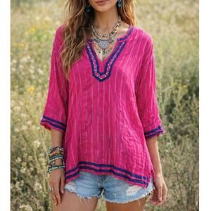 Catherines Tunic Top Women's Plus Size 3X Pink Striped Cotton Boho Embellished